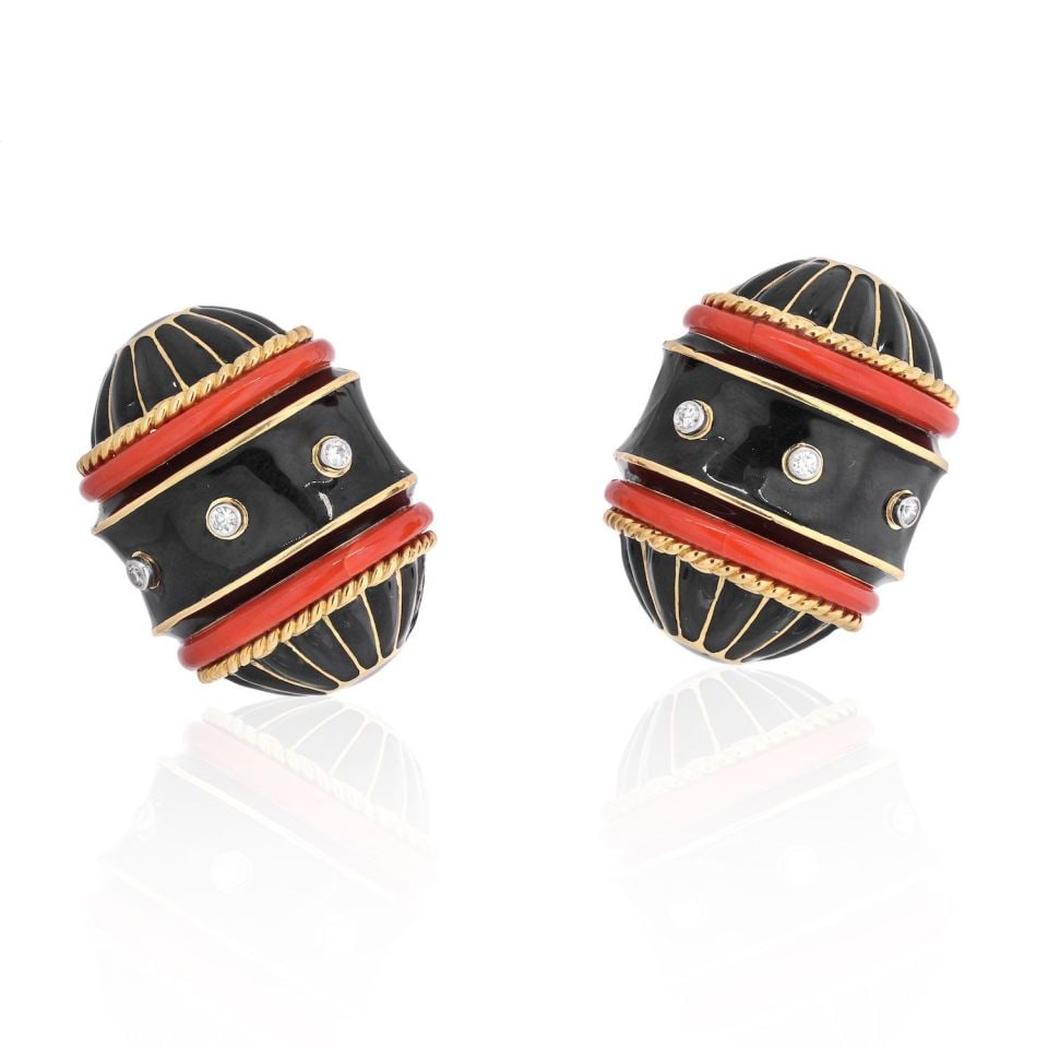 David Webb 18K Yellow Gold Enamel Coral Diamond Barrel Earrings: David Webb 18K Yellow Gold Enamel Coral Diamond Barrel Earrings These exquisite earrings from the David Webb Stud Collection are crafted in a luxurious combination of 18K yellow gold and platinum, fea