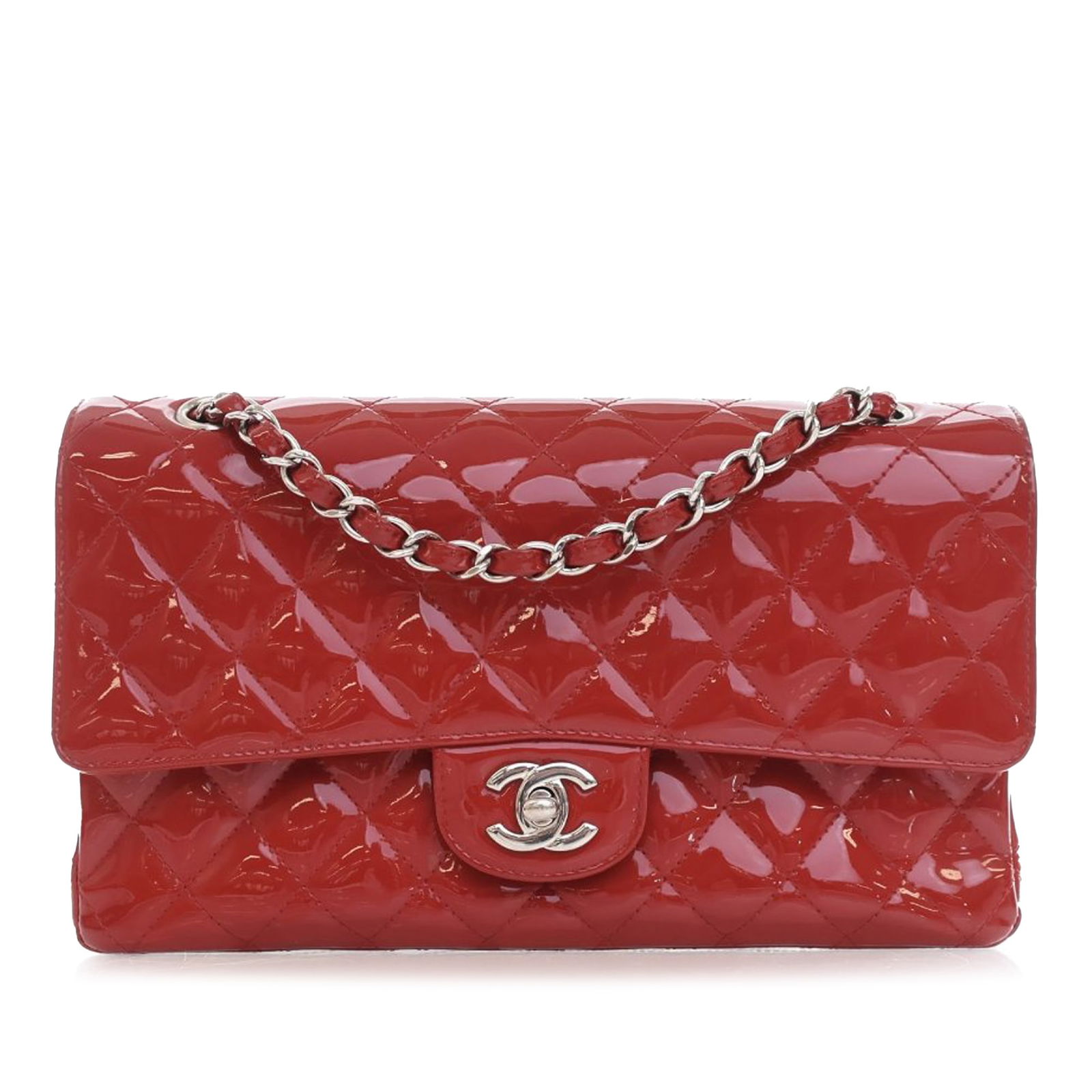 Chanel Medium Classic Patent Double Flap Red Leather Bag: Chanel Medium Classic Patent Double Flap Red Leather Bag The Chanel Medium Classic Patent Double Flap is an iconic shoulder bag crafted from quilted patent leather in a vibrant red hue. This elegant p