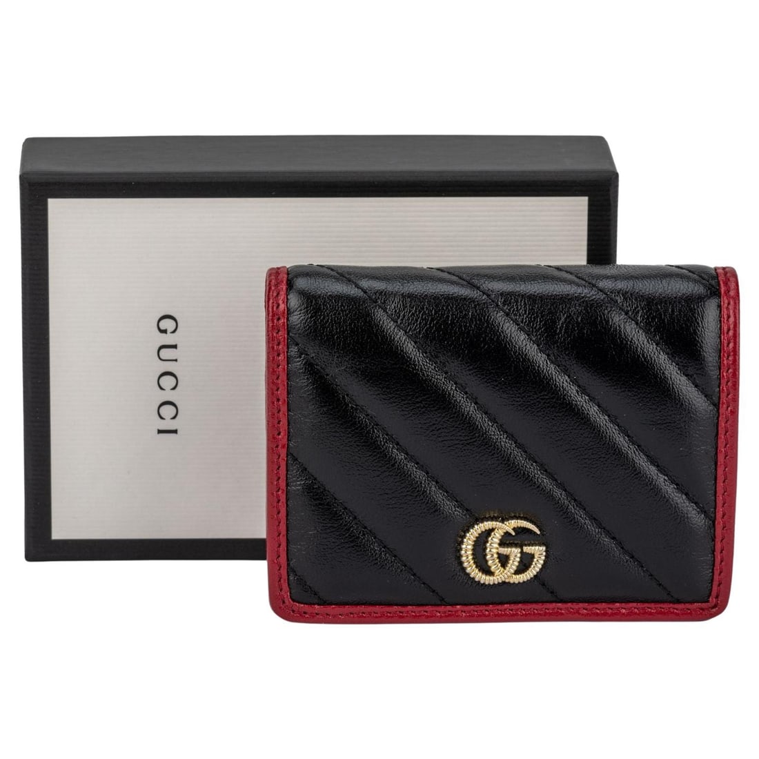 Gucci Black Red Marmont Wallet with GG Gold Tone Logo: Gucci Black Red Marmont Wallet with GG Gold Tone Logo This Gucci Marmont wallet features a sleek black and red design, embodying luxury and sophistication. Crafted in Italy, it showcases the iconic GG