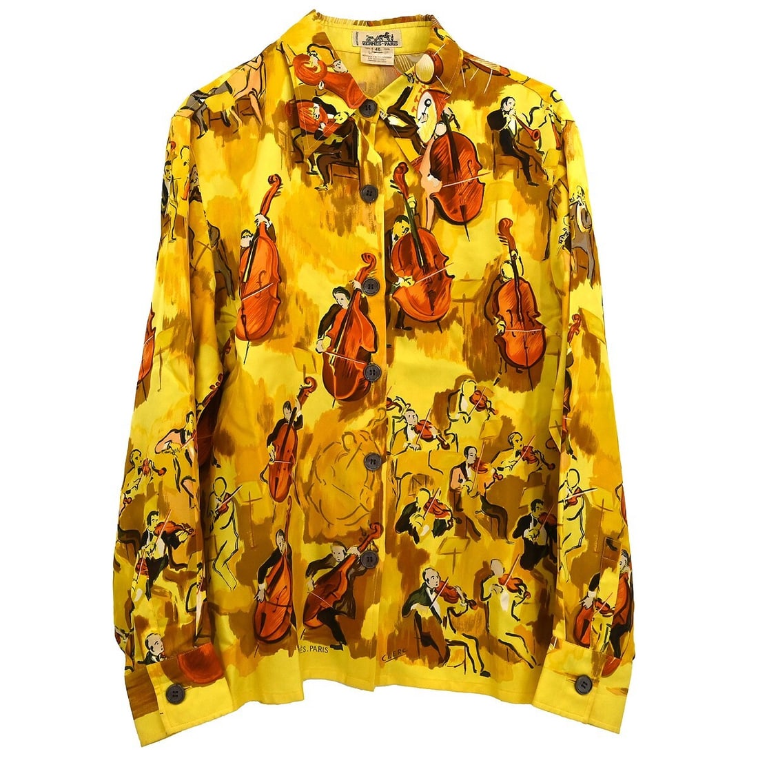Hermes Vintage Long Sleeve Yellow Silk Blouse Size 40: Hermes Vintage Long Sleeve Yellow Silk Blouse Size 40 Elevate your wardrobe with this exquisite Hermes blouse, crafted from 100% silk for a luxurious feel. This long sleeve blouse features a vibrant y