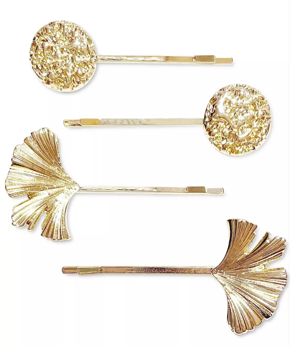 INC International Concepts 4pc Gold-Tone Disc Leaf Bobby Pins Set: INC International Concepts 4pc Gold-Tone Disc Leaf Bobby Pins Set Elevate your hairstyle with this exquisite set of four bobby pins by INC International Concepts. Crafted in a stunning gold-tone mixed