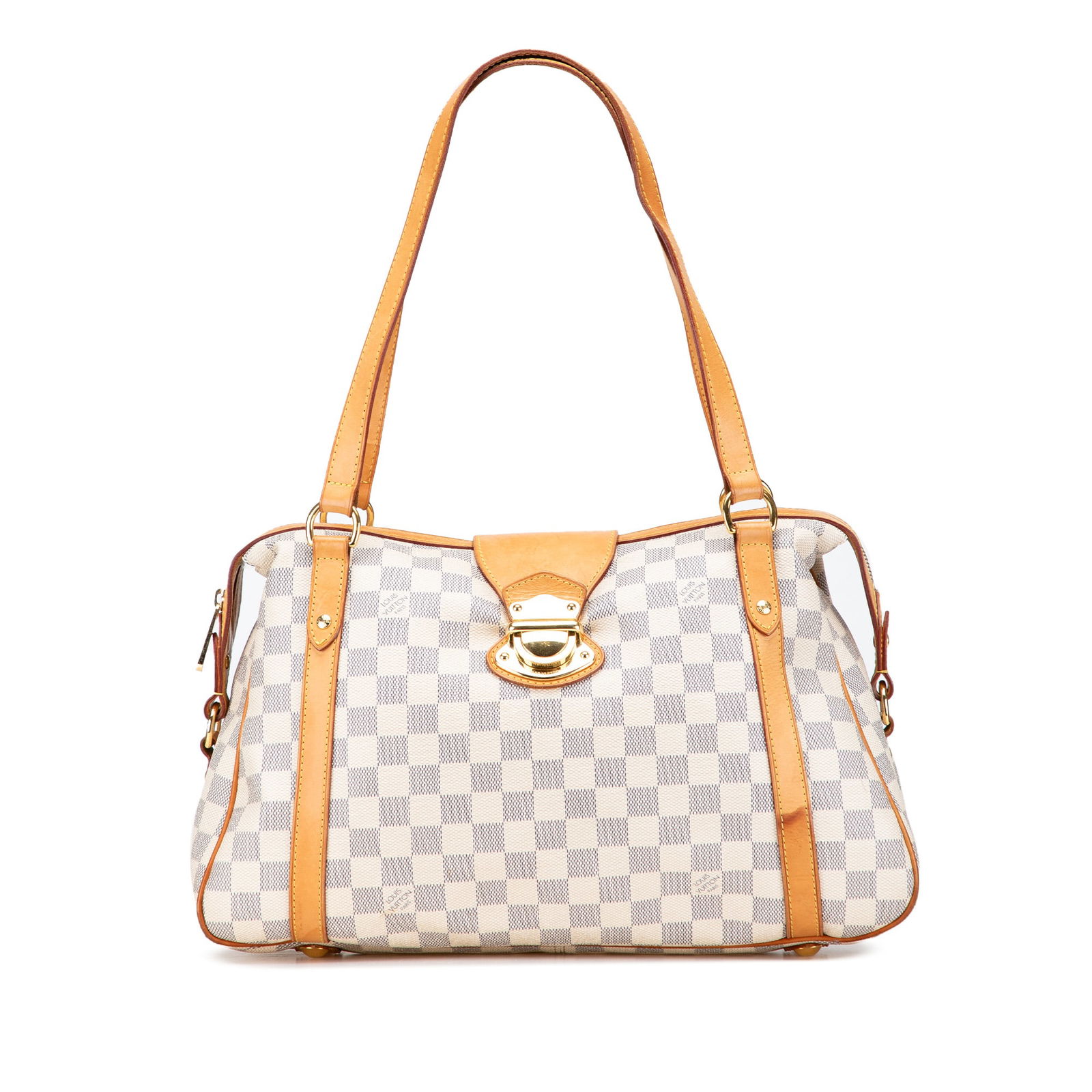 Louis Vuitton Damier Azur Stresa PM Bag with Vachetta Straps: Louis Vuitton Damier Azur Stresa PM Bag with Vachetta Straps The Louis Vuitton Damier Azur Stresa PM is a stylish bag that showcases a chic damier azur canvas body complemented by flat vachetta leathe