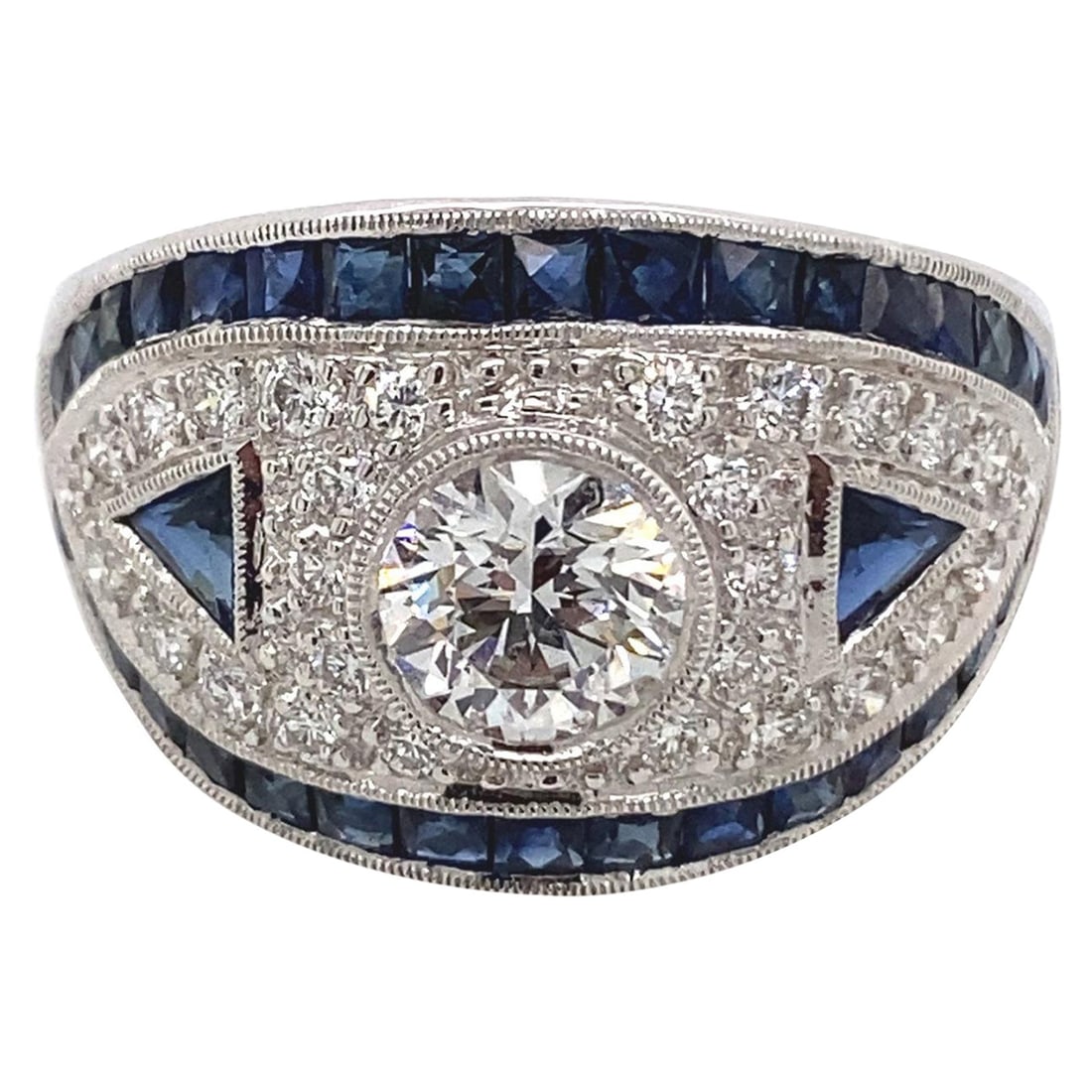 Art Deco 18K White Gold Diamond Sapphire Ring 2.5ct Resizable: Art Deco 18K White Gold Diamond Sapphire Ring 2.5ct Resizable This exquisite Art Deco inspired ring features a stunning combination of diamonds and sapphires, crafted in luxurious 18 karat white gold.