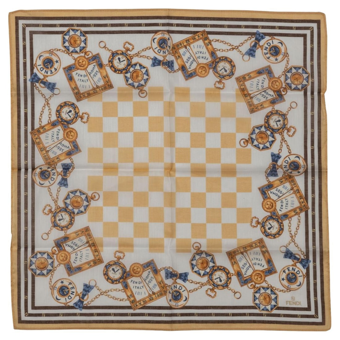 Fendi White and Yellow Checkered Cotton Gavroche with Clock Design: Fendi White and Yellow Checkered Cotton Gavroche with Clock Design Introducing a stylish Fendi cotton gavroche featuring a unique white and yellow checkered design adorned with clocks. This contempora