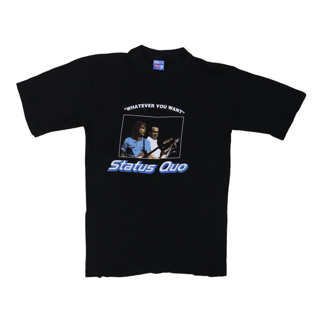 Vintage 1990s Status Quo Black Cotton Shirt with Graphics: Vintage 1990s Status Quo Black Cotton Shirt with Graphics Discover this original vintage 1990s Status Quo shirt, a true collectible for fans of the iconic band. Featuring striking front and back graph