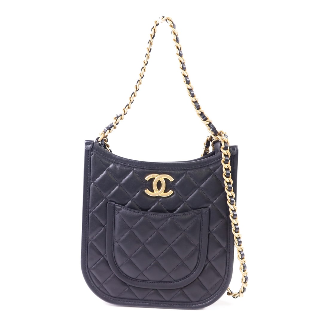 CHANEL CC GHW 24S Black Calfskin Hobo Chain Shoulder Bag AS4532: CHANEL CC GHW 24S Black Calfskin Hobo Chain Shoulder Bag AS4532 This CHANEL hobo shoulder bag features a luxurious black calfskin leather exterior, offering both style and durability. With a height of