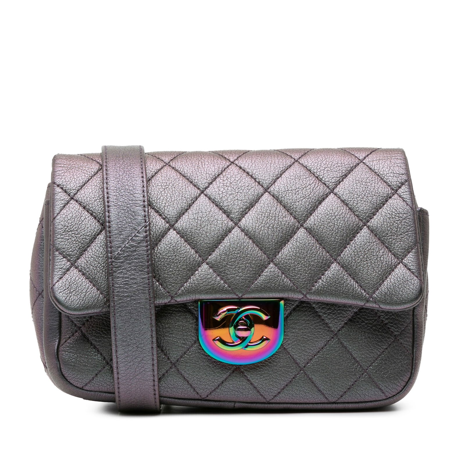 Chanel Small Iridescent Goatskin Rainbow Hardware Double Carry Bag: Chanel Small Iridescent Goatskin Rainbow Hardware Double Carry Bag This Chanel Small Iridescent Goatskin Double Carry Waist Chain Flap bag showcases a luxurious goatskin leather body in a stunning pur