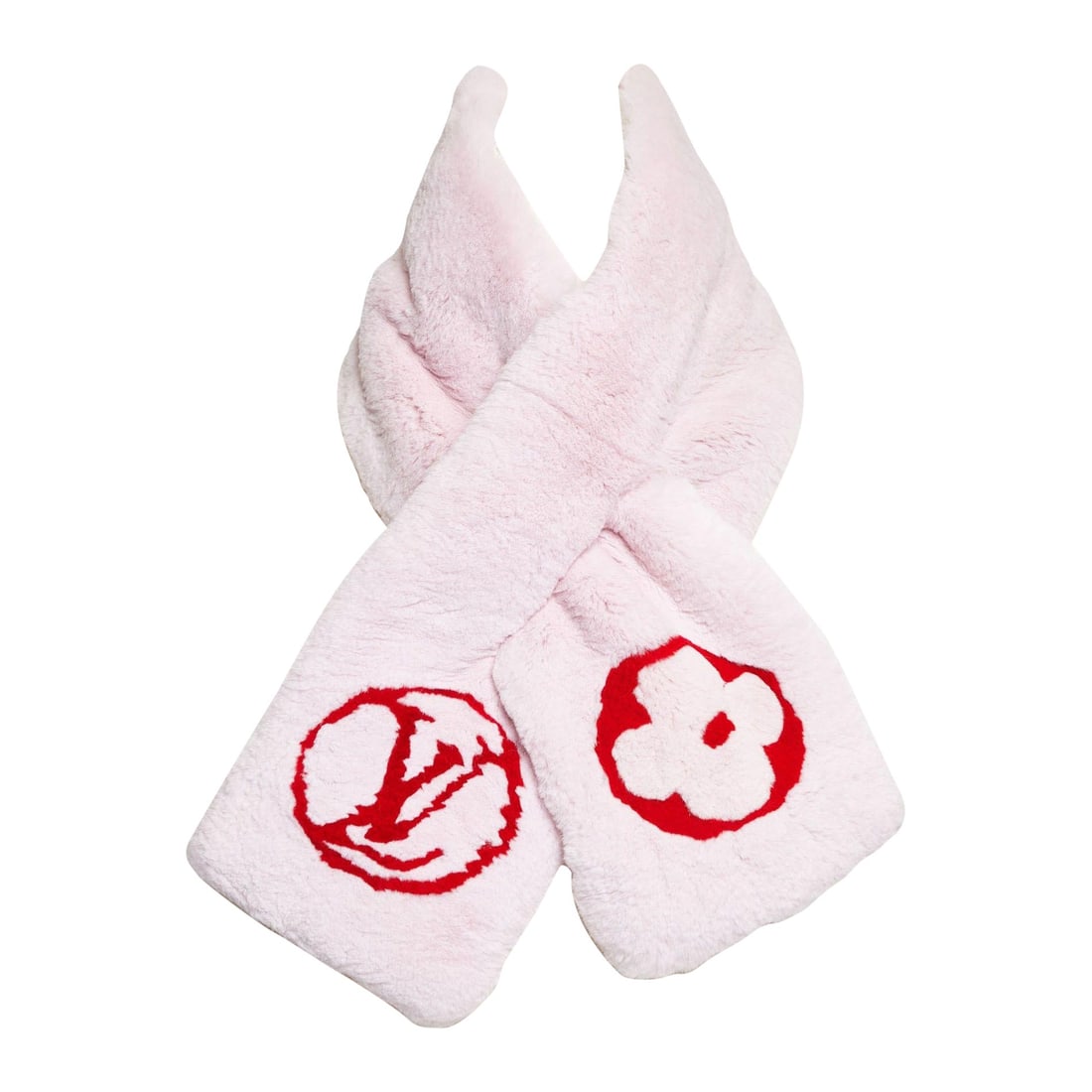 Louis Vuitton Pink Rabbit Scarf with Red Logo: Louis Vuitton Pink Rabbit Scarf with Red Logo Introduce a touch of elegance and whimsy to your wardrobe with this Louis Vuitton Pink Rabbit Logo Scarf. Crafted with meticulous attention to detail, thi