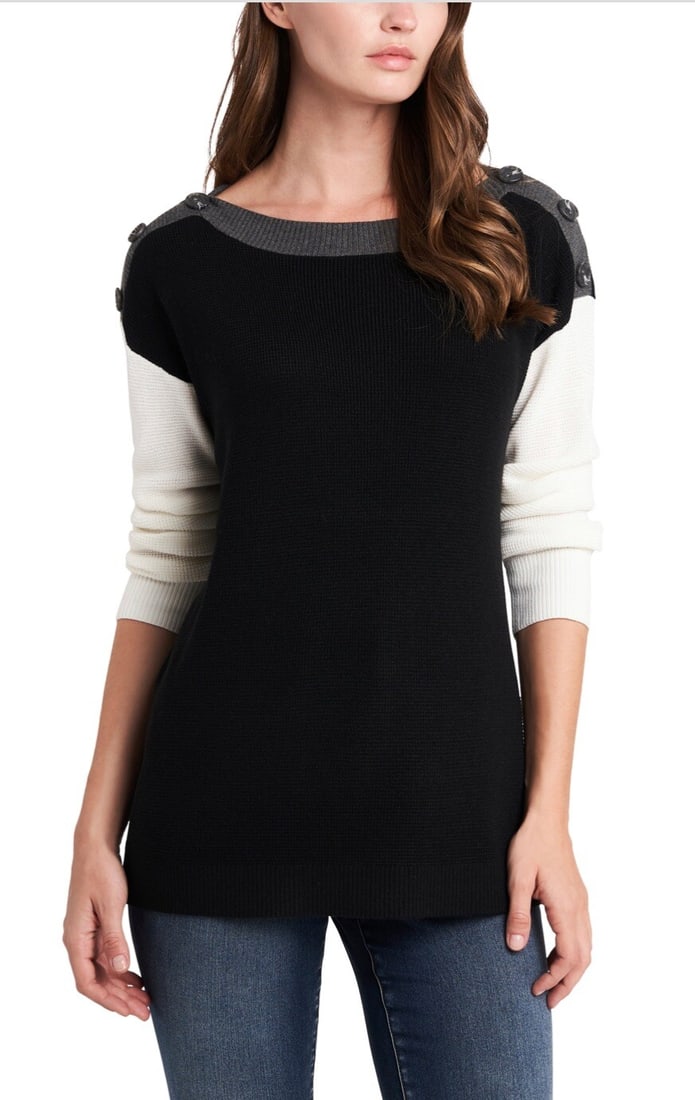 Vince Camuto Women's Colorblock Black White Pullover Sweater with Button Shoulder: Vince Camuto Women's Colorblock Black White Pullover Sweater with Button Shoulder Elevate your wardrobe with this stylish Women's Vince Camuto Button Shoulder Colorblock Pullover. This pullover sweate