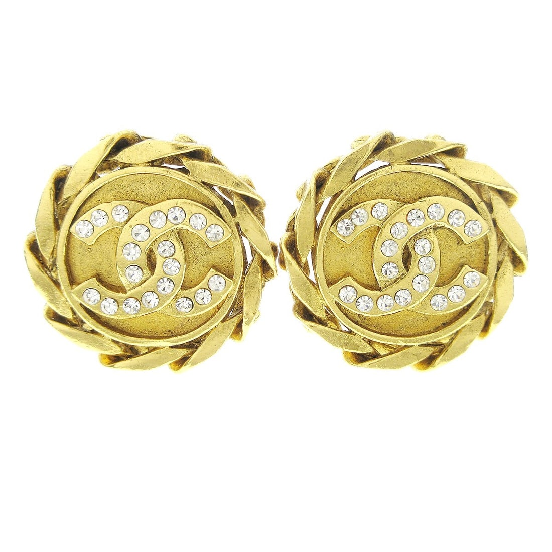 Chanel Gold-Plated Rhinestone Clip-On Button Earrings: Chanel Gold-Plated Rhinestone Clip-On Button Earrings Elevate your accessory collection with these stunning Chanel Rhinestone Clip-On Earrings. Crafted in a classic button shape, these earrings featur