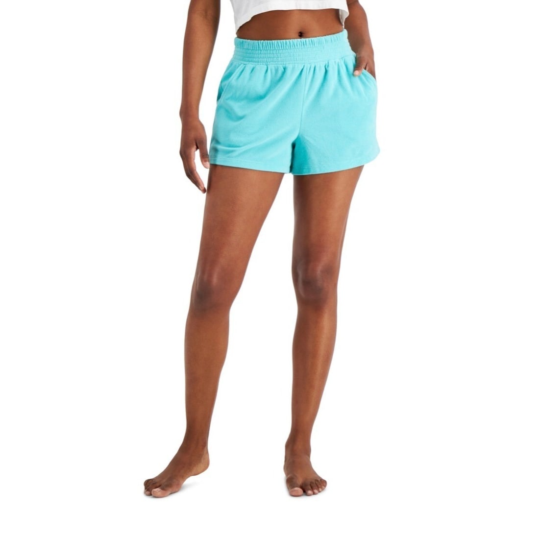 Jenni Women's Aqua Smocked-Waist Terry Cloth Shorts XS: Jenni Women's Aqua Smocked-Waist Terry Cloth Shorts XS Enjoy summer in style with these Jenni Women's Smocked-Waist Terry Cloth Shorts in Ocean Aqua. Crafted from a comfortable cotton-polyester blend,