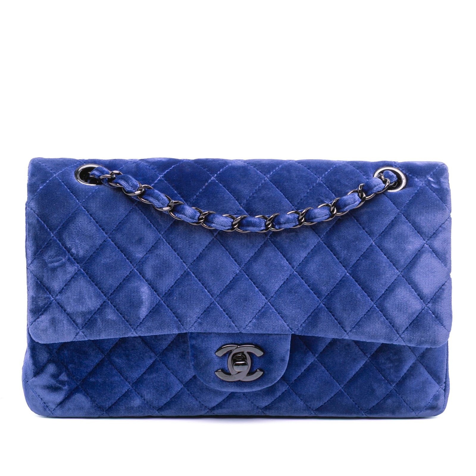 Chanel Medium Classic Velvet Double Flap Blue Shoulder Bag: Chanel Medium Classic Velvet Double Flap Blue Shoulder Bag Elevate your style with this Chanel Medium Classic Velvet Double Flap shoulder bag, exquisitely crafted with a quilted blue velvet body. The