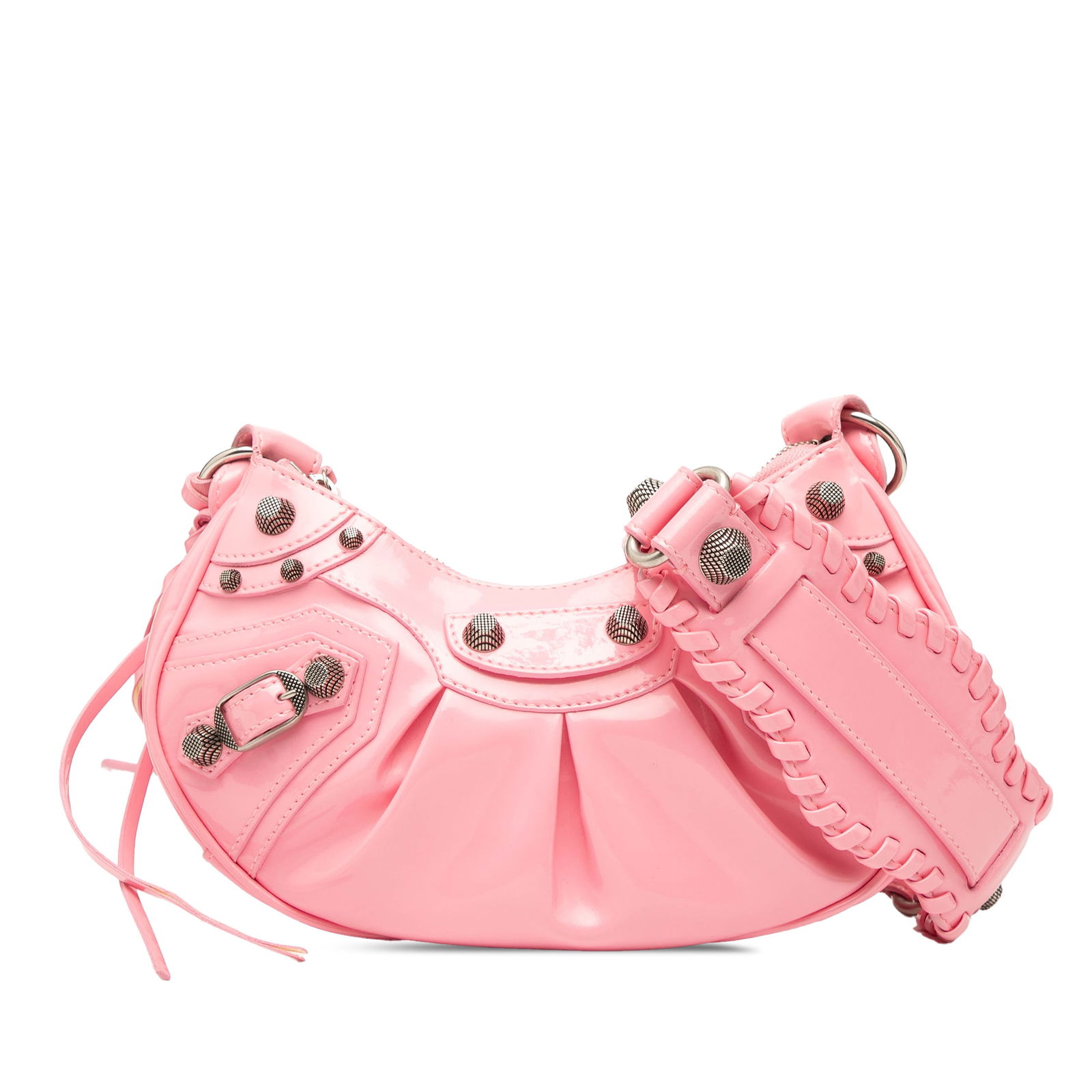 Balenciaga Pink Patent Motocross Le Cagole XS Crossbody Bag: Balenciaga Pink Patent Motocross Le Cagole XS Crossbody Bag The Balenciaga Patent Motocross Le Cagole XS is a stylish crossbody bag crafted from luxurious patent leather. This eye-catching piece featu