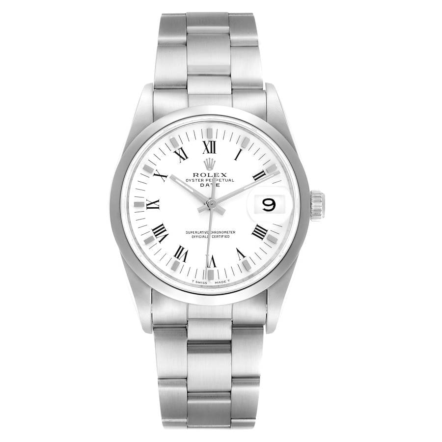 Rolex Oyster Perpetual Date Ladies Watch White Roman Dial Ref 15000: Rolex Oyster Perpetual Date Ladies Watch White Roman Dial Ref 15000 This exquisite Rolex Oyster Perpetual Date wristwatch is designed specifically for ladies. Featuring a timeless white Roman dial, it