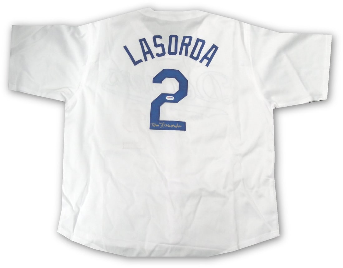 Tommy Lasorda Autographed LA Dodgers Jersey PSA/DNA HOF 97 Champ: Tommy Lasorda Autographed LA Dodgers Jersey PSA/DNA HOF 97 Champ This original Los Angeles Dodgers jersey is hand signed by the legendary Tommy Lasorda, a Hall of Fame inductee from 1997 and a champio