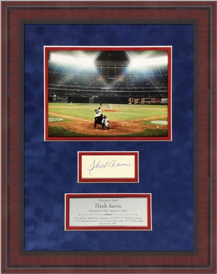 Hank Aaron Signed Custom Framed Display 20 x 17 JSA Authenticated: Hank Aaron Signed Custom Framed Display 20 x 17 JSA Authenticated This custom framed display features a signed index card by legendary baseball player Hank Aaron, who passed away in 2021. The signatur