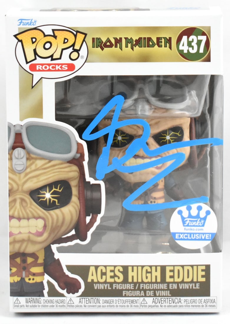 Bruce Dickinson Signed Iron Maiden Aces High Funko Pop #437 Beckett Authenticated: Bruce Dickinson Signed Iron Maiden Aces High Funko Pop #437 Beckett Authenticated This collectible Funko Pop features Bruce Dickinson, the iconic lead singer of Iron Maiden, from the Aces High album.