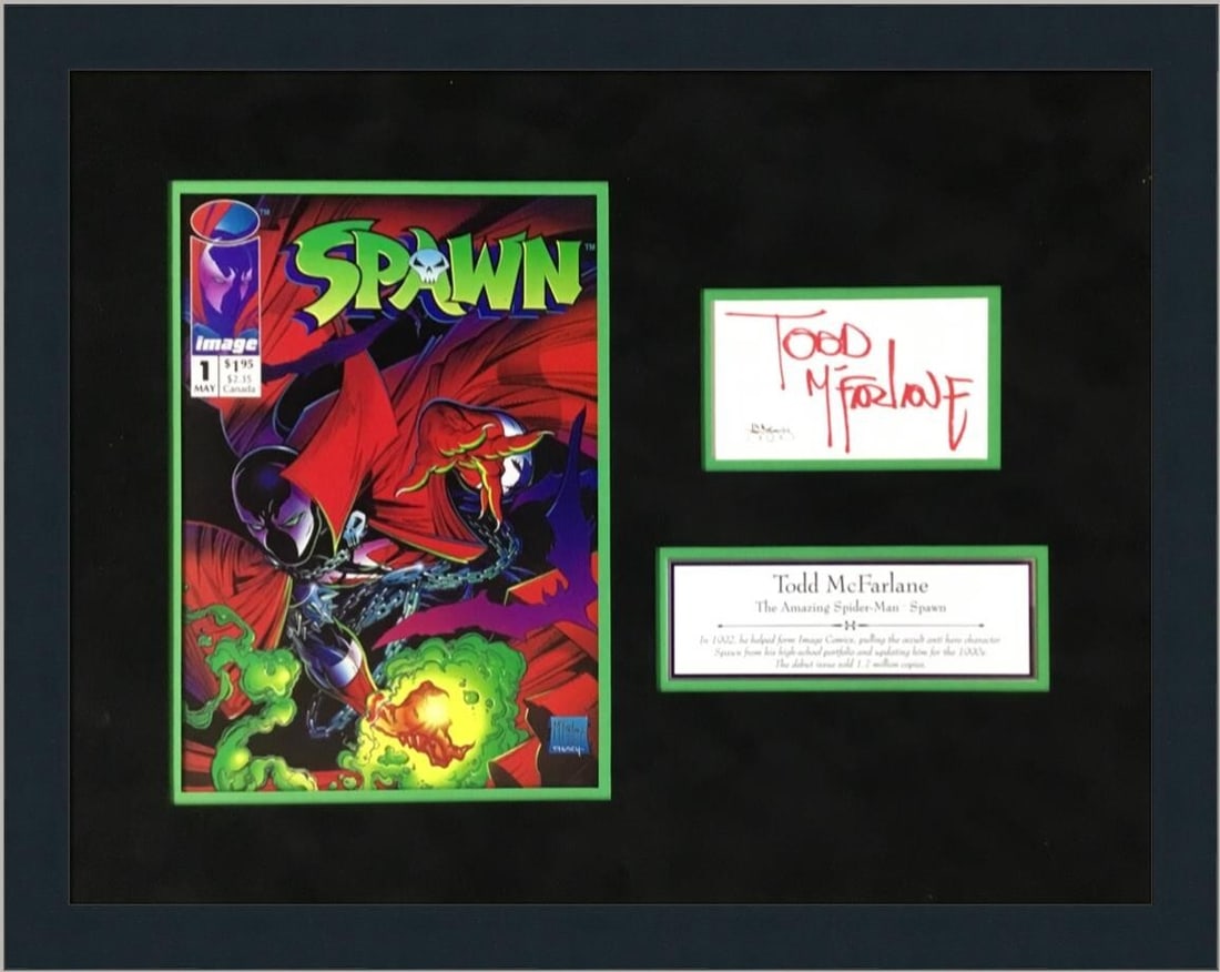 Todd McFarlane Signed Custom Framed Display JSA Authenticated 20 x 17: Todd McFarlane Signed Custom Framed Display JSA Authenticated 20 x 17 This custom framed display features a signed cut by renowned comic artist Todd McFarlane, celebrated for his iconic work on the Sp