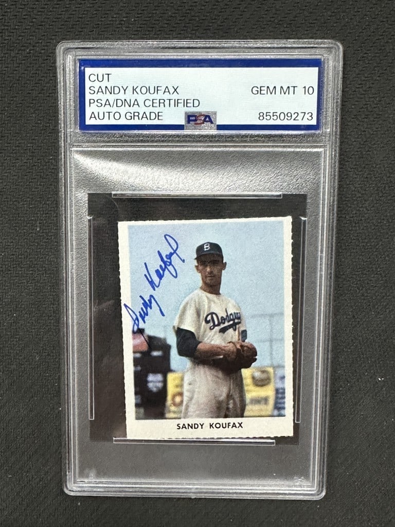 Sandy Koufax 1955 Golden Stamps Hand Cut Signed PSA 10 Dodgers HOF: Sandy Koufax 1955 Golden Stamps Hand Cut Signed PSA 10 Dodgers HOF This is a hand-cut baseball card featuring Sandy Koufax from the 1955 Golden Stamps series, showcasing his exceptional talent as a me