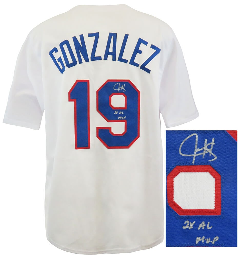 Juan Gonzalez Signed Baseball Jersey 2x AL MVP with COA: Juan Gonzalez Signed Baseball Jersey 2x AL MVP with COA Juan Gonzalez Signed Baseball Jersey 2x AL MVP with COA This is a white custom baseball jersey signed by Juan Gonzalez, featuring the inscriptio