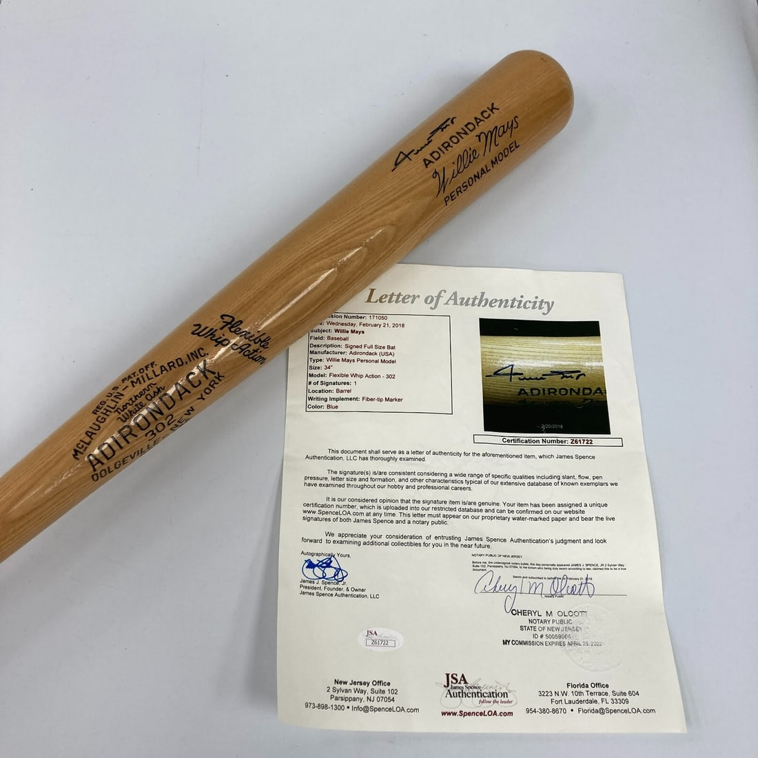 Willie Mays Signed Adirondack Baseball Bat with JSA Authentication: Willie Mays Signed Adirondack Baseball Bat with JSA Authentication This Adirondack Game Model baseball bat is signed by the legendary player Willie Mays, known for his remarkable contributions to the