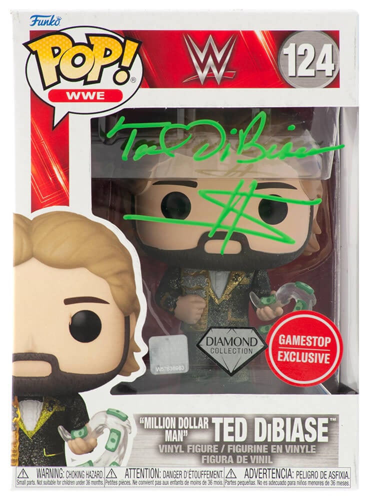 Ted DiBiase Signed Million Dollar Man Funko Pop #124 with COA: Ted DiBiase Signed Million Dollar Man Funko Pop #124 with COA This is a Ted DiBiase signed 'Million Dollar Man' WWE Diamond Funko Pop #124, featuring the iconic wrestling character. This collectible d