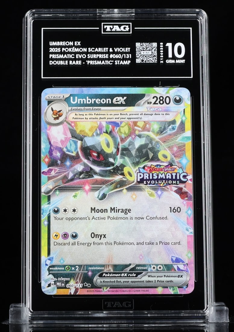 Umbreon EX 2025 Pokemon Prismatic Evolution TAG 10 Double Rare Card: Umbreon EX 2025 Pokemon Prismatic Evolution TAG 10 Double Rare Card This Umbreon EX 2025 Pokemon Prismatic Evolution card is a stunning addition for any collector. Graded by Technical Authentication &