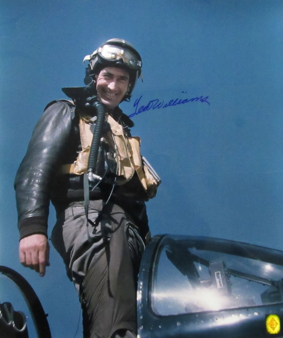 Ted Williams HOF Autographed 20x24 Fighter Pilot Photo with Green Diamond Hologram: Ted Williams HOF Autographed 20x24 Fighter Pilot Photo with Green Diamond Hologram This original Ted Williams Hall of Fame signed 20x24 photo captures the legendary baseball player as a fighter pilot