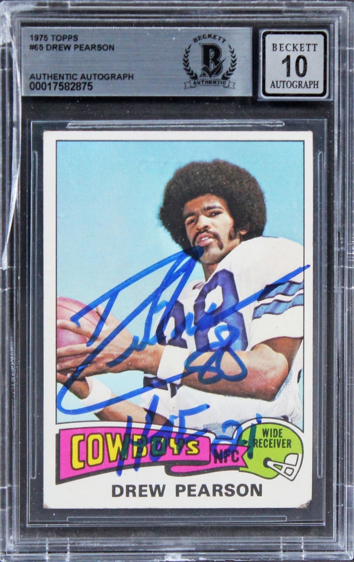 Drew Pearson Signed 1975 Topps #65 Card Gem Mint 10 HOF 21 Beckett Authenticated (1 of 2)