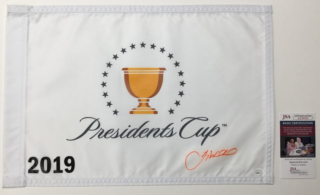 Gary Woodland Signed 2019 President's Cup Pin Flag JSA Authenticated: Gary Woodland Signed 2019 President's Cup Pin Flag JSA Authenticated Capture a piece of golf history with this authentic signed pin flag from The President's Cup 2019, featuring the signature of PGA s