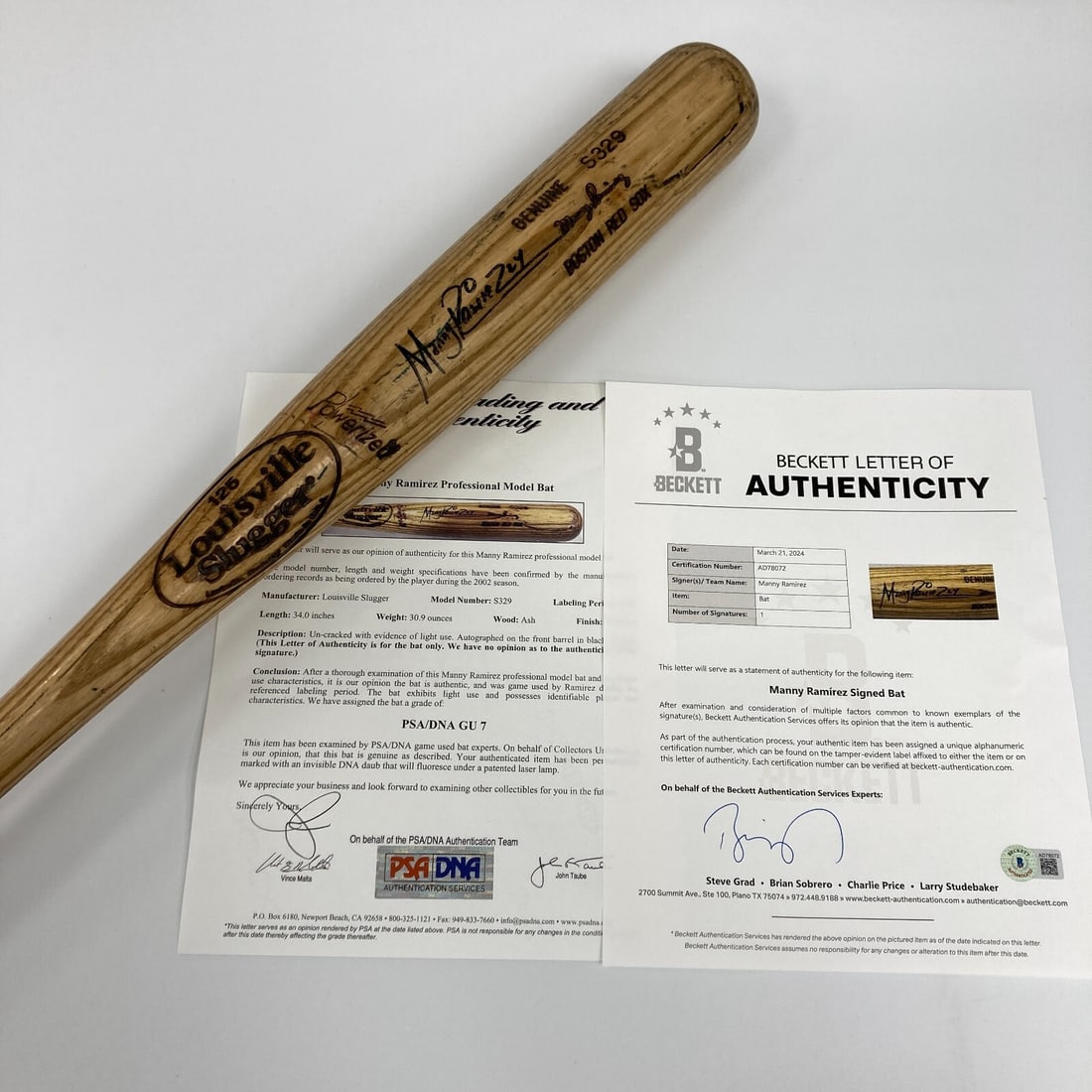 2002 Manny Ramirez Signed Game-Used Louisville Slugger S320 Bat PSA/DNA LOA: 2002 Manny Ramirez Signed Game-Used Louisville Slugger S320 Bat PSA/DNA LOA This is a remarkable Louisville Slugger S320 baseball bat used by the legendary Manny Ramirez during the 2002 MLB season. Me