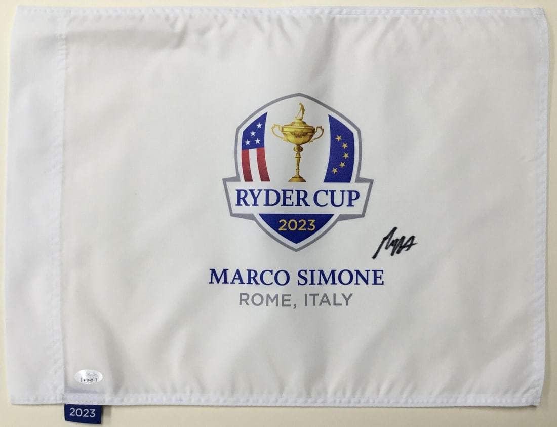 Max Homa Signed 2023 Ryder Cup Pin Flag JSA Authenticated: Max Homa Signed 2023 Ryder Cup Pin Flag JSA Authenticated This is a Max Homa signed pin flag from the 2023 Ryder Cup held in Rome, Italy. The flag features the authentic signature of PGA star Max Homa