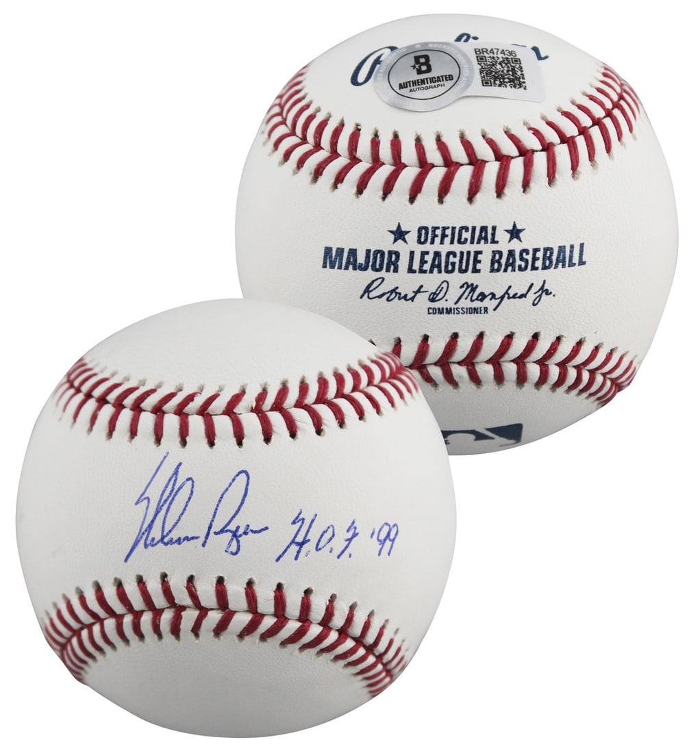 Nolan Ryan Signed Texas Rangers Baseball HOF 99 Beckett Authenticated: Nolan Ryan Signed Texas Rangers Baseball HOF 99 Beckett Authenticated This authentic Robert Manfred OML baseball is personally signed by Nolan Ryan, the legendary pitcher of the Texas Rangers. Featuri