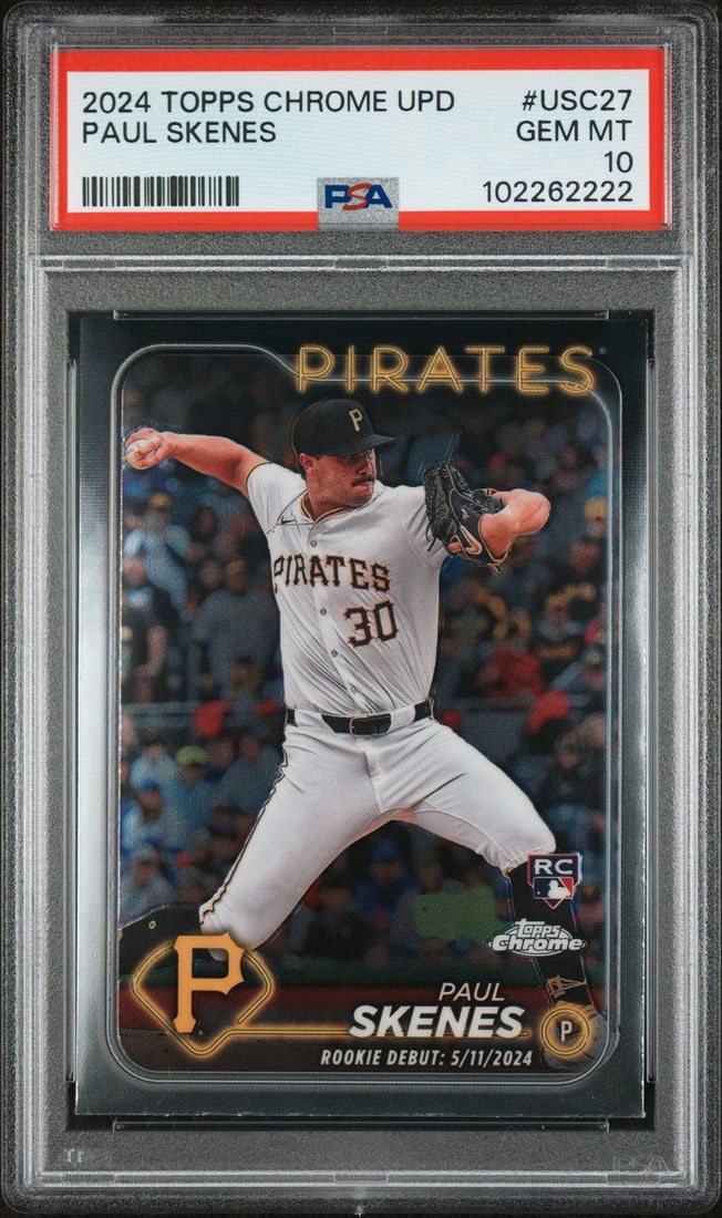 2024 Topps Chrome Update Paul Skenes Rookie Card PSA 10: 2024 Topps Chrome Update Paul Skenes Rookie Card PSA 10 This is a graded 2024 Topps Chrome Update Paul Skenes rookie baseball card, featuring card number USC27. It has received a grade of 10 from Prof