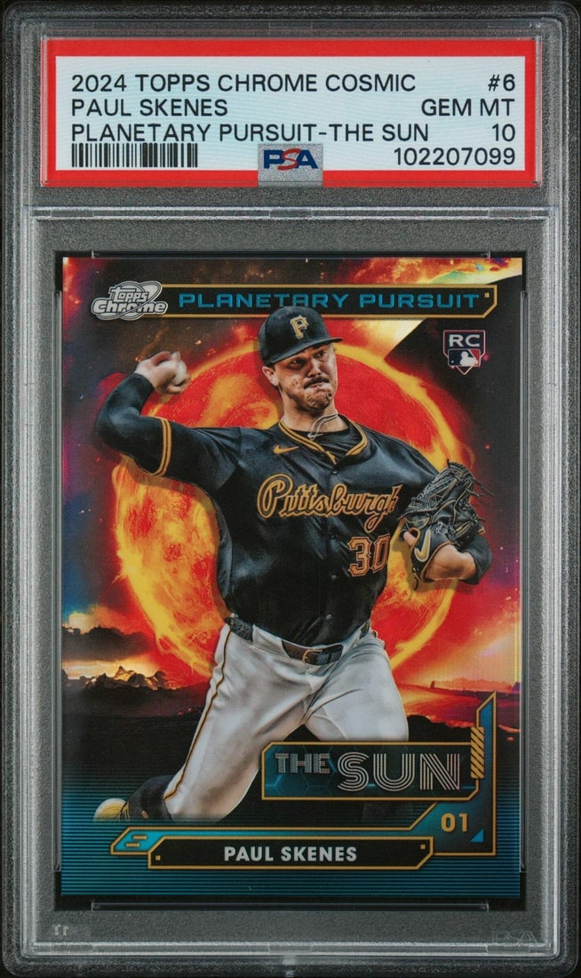 2024 Chrome Cosmic Paul Skenes #6 Baseball Card PSA 10 Authentic: 2024 Chrome Cosmic Paul Skenes #6 Baseball Card PSA 10 Authentic Add a stunning piece to your baseball card collection with the graded 2024 Chrome Cosmic Paul Skenes #6 Planet Pursuit Sun Baseball Car