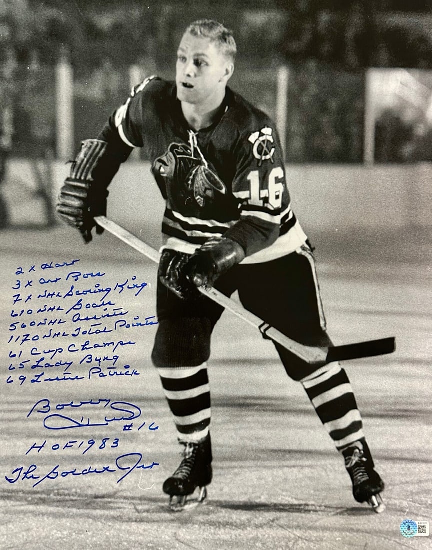 Bobby Hull Signed 16x20 Photo with 11 Inscriptions Beckett Certified: Bobby Hull Signed 16x20 Photo with 11 Inscriptions Beckett Certified This remarkable 16x20 photograph features the iconic Bobby Hull of the Chicago Blackhawks, renowned Hall of Famer who passed away i