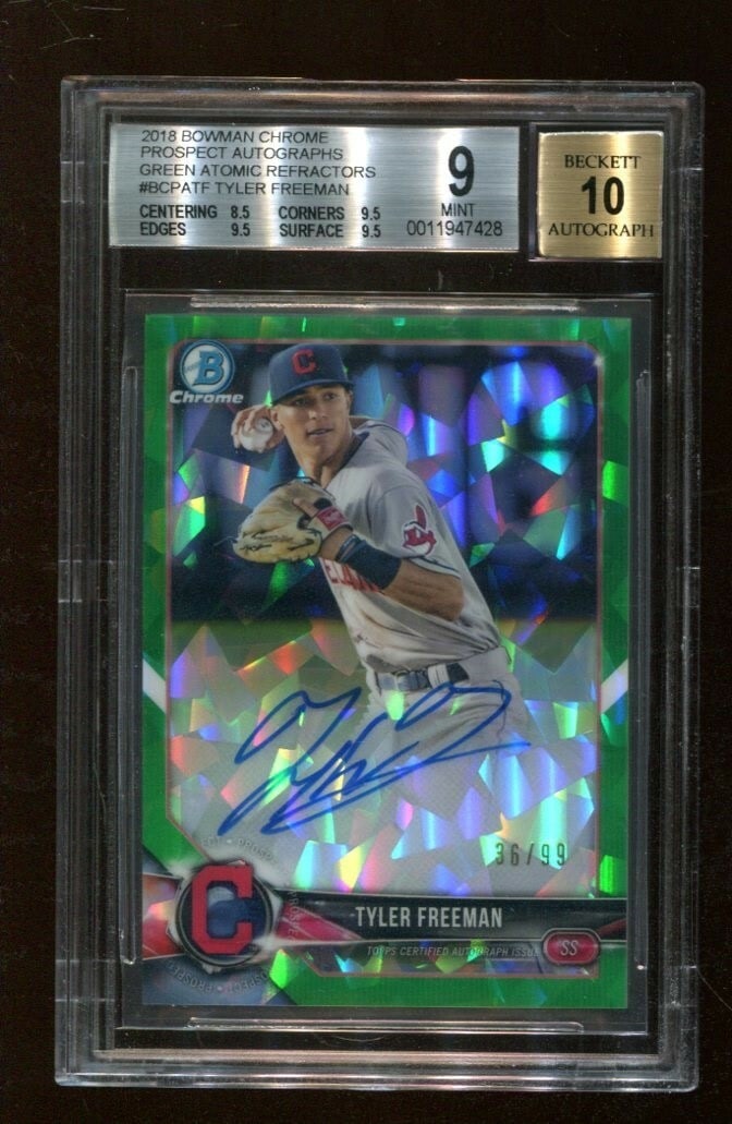 Tyler Freeman 2018 Bowman Chrome RC Green Atomic Refractor Auto 36/99 BGS 9: Tyler Freeman 2018 Bowman Chrome RC Green Atomic Refractor Auto 36/99 BGS 9 This is a 2018 Bowman Chrome rookie card of Tyler Freeman, featuring a green atomic refractor finish. It is a limited editio