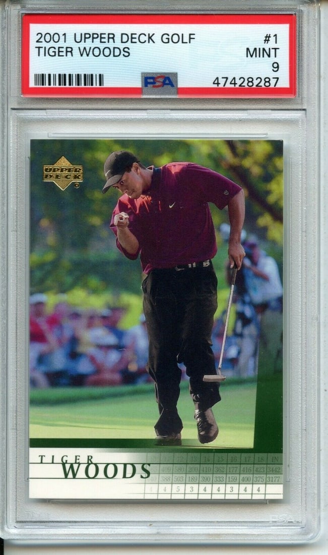 2001 Upper Deck Tiger Woods Rookie Card #1 PSA 9 Mint Graded: 2001 Upper Deck Tiger Woods Rookie Card #1 PSA 9 Mint Graded This is a 2001 Upper Deck Tiger Woods Rookie Card, recognized as card number #1. Graded by Professional Sports Authenticator (PSA) with a r
