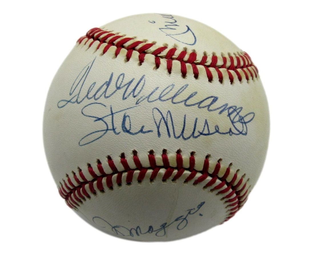 Mickey Mantle Ted Williams DiMaggio Musial Multi-Signed OAL Baseball PSA/DNA Rare: Mickey Mantle Ted Williams DiMaggio Musial Multi-Signed OAL Baseball PSA/DNA Rare This original multi-signed OAL baseball features the autographs of baseball legends Mickey Mantle, Ted Williams, Joe D