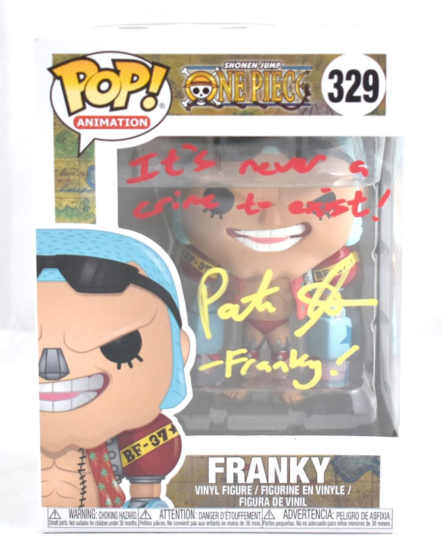 Patrick Seitz Signed Funko POP Franky #329 JSA Authenticated: Patrick Seitz Signed Funko POP Franky #329 JSA Authenticated This collectible vinyl figure features Franky from the popular anime series One Piece, part of the Funko Pop! line. The figure is signed by