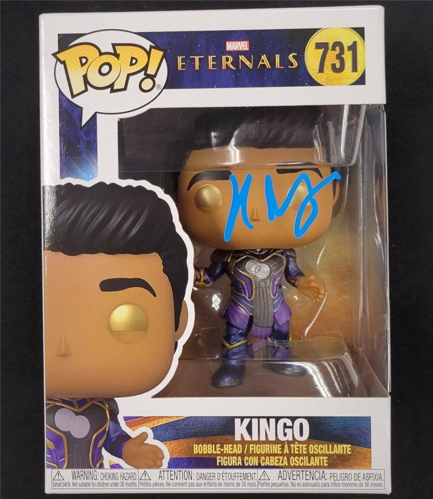 Kingo Funko Pop Signed by Kumail Nanjiani Beckett Authenticated Marvel Eternals: Kingo Funko Pop Signed by Kumail Nanjiani Beckett Authenticated Marvel Eternals This collectible Funko Pop features Kingo from Marvel's Eternals, personally signed by actor Kumail Nanjiani. The autogr