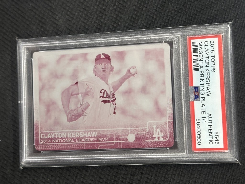 Clayton Kershaw 2015 Topps 1/1 Magenta Printing Plate PSA Authentic: Clayton Kershaw 2015 Topps 1/1 Magenta Printing Plate PSA Authentic This is a Clayton Kershaw 2015 Topps Magenta Printing Plate baseball card, a unique collectible featuring the star pitcher of the Lo