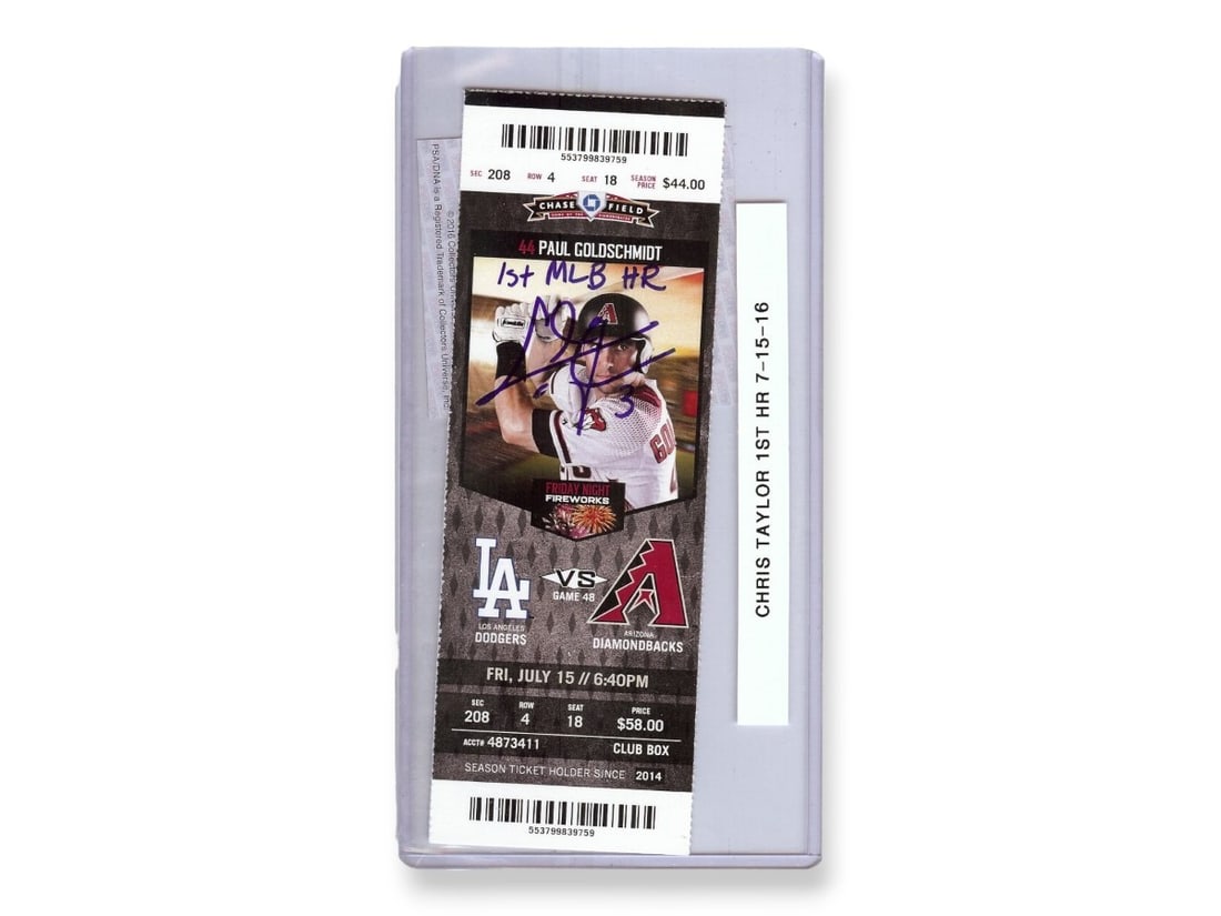 Chris Taylor Autographed Ticket Stub 1st MLB HR PSA Dodgers 7/15/16: Chris Taylor Autographed Ticket Stub 1st MLB HR PSA Dodgers 7/15/16 This is an original ticket stub from Chris Taylor's first MLB home run game on July 15, 2016, featuring his autograph. The ticket is