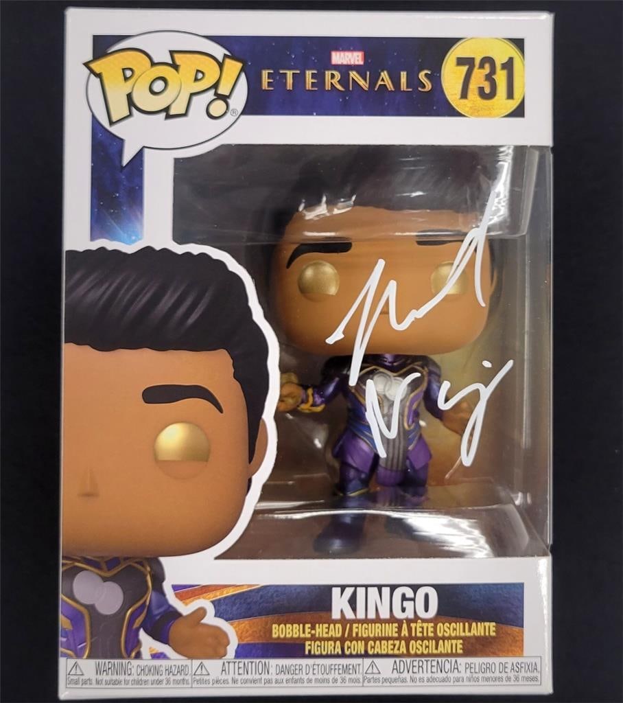 Kumail Nanjiani Signed Kingo Funko Pop Marvel Eternals Beckett Authenticated: Kumail Nanjiani Signed Kingo Funko Pop Marvel Eternals Beckett Authenticated This is an original Funko Pop! figure of Kingo from the Marvel Eternals, signed by Kumail Nanjiani. The autograph is authen