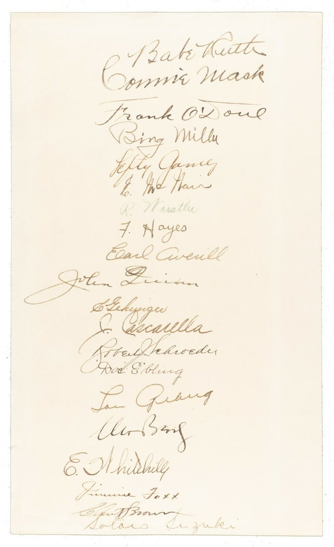 1934 Japan Tour Team Signed Sheet Babe Ruth Lou Gehrig PSA JSA: 1934 Japan Tour Team Signed Sheet Babe Ruth Lou Gehrig PSA JSA This exceptional large-format team-signed sheet commemorates the historic 1934 Tour of Japan featuring the signatures of all twenty membe