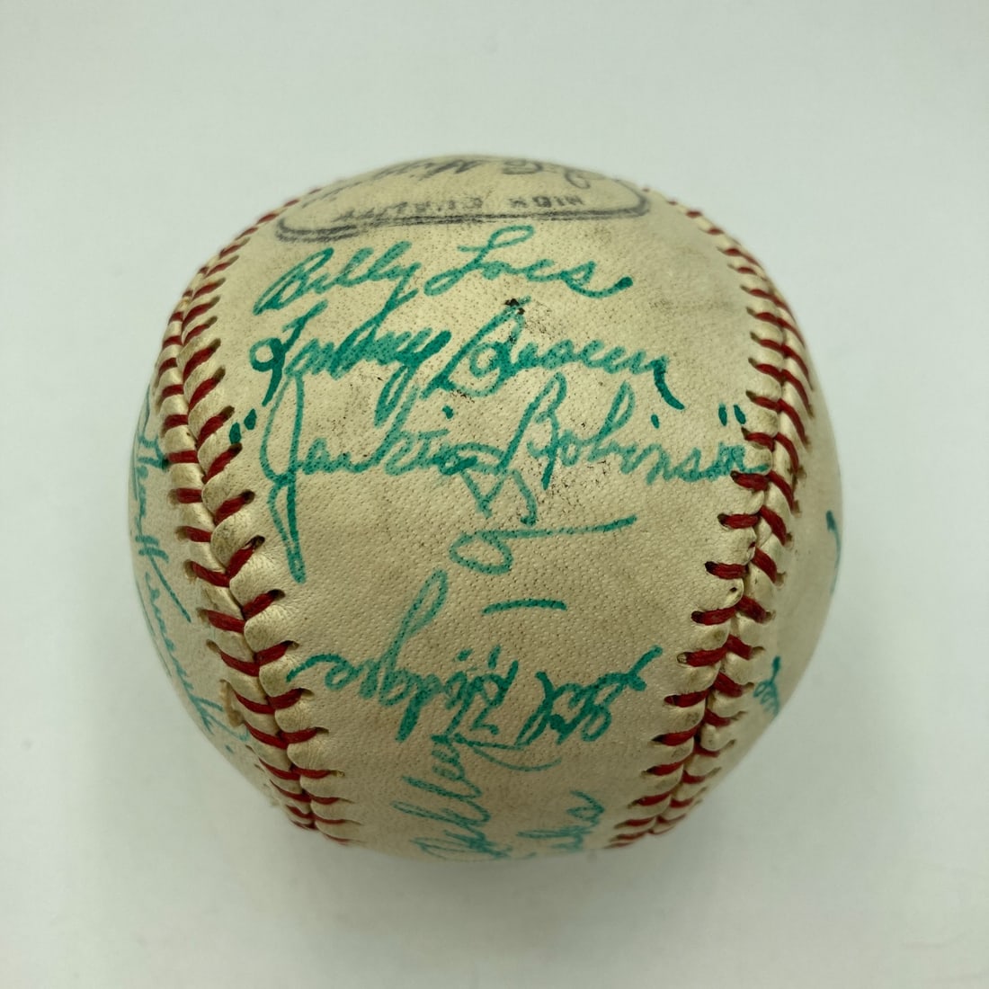1950 Brooklyn Dodgers Team Signed Baseball Jackie Robinson JSA COA: 1950 Brooklyn Dodgers Team Signed Baseball Jackie Robinson JSA COA This is a remarkable original 1950 Brooklyn Dodgers team signed baseball featuring 17 bold blue ink signatures from some of the most