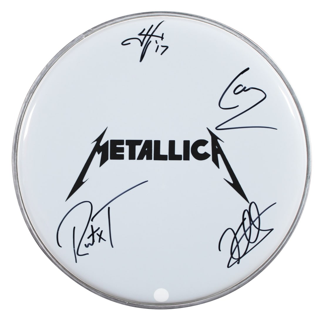 Metallica Signed 11 Inch Drum Head with PSA Certification: Metallica Signed 11 Inch Drum Head with PSA Certification This collectible item features an autographed 11-inch clear drum head signed by all four members of Metallica: James Hetfield, Lars Ulrich, Ki