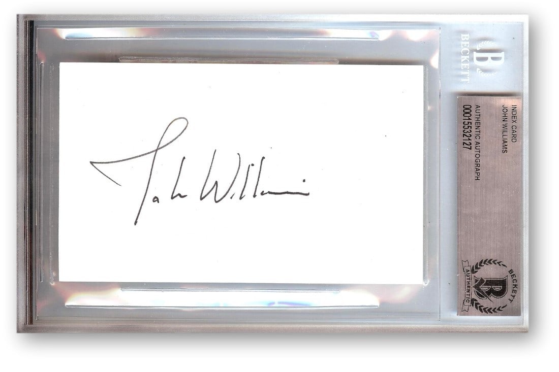 John Williams Autographed Index Card Beckett Certified 4.5 x 7: John Williams Autographed Index Card Beckett Certified 4.5 x 7 This is an original autographed index card signed by the legendary movie composer John Williams, renowned for his iconic film scores. The