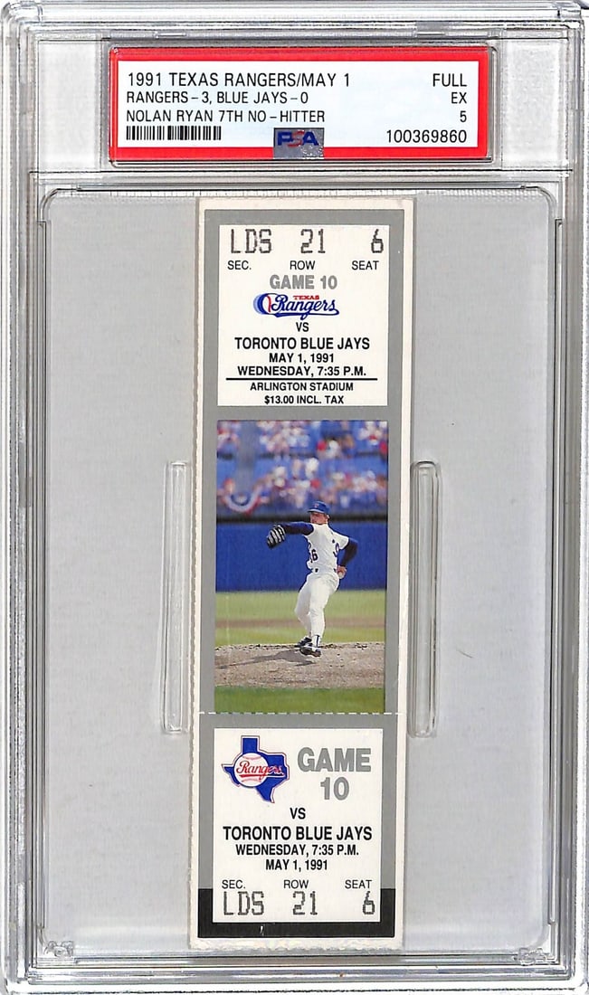 Nolan Ryan 1991 Texas Rangers 7th No-Hitter Ticket PSA 5 Rare: Nolan Ryan 1991 Texas Rangers 7th No-Hitter Ticket PSA 5 Rare Celebrate baseball history with this original ticket from Nolan Ryan's 7th No-Hitter in 1991, representing the Texas Rangers. This rare co