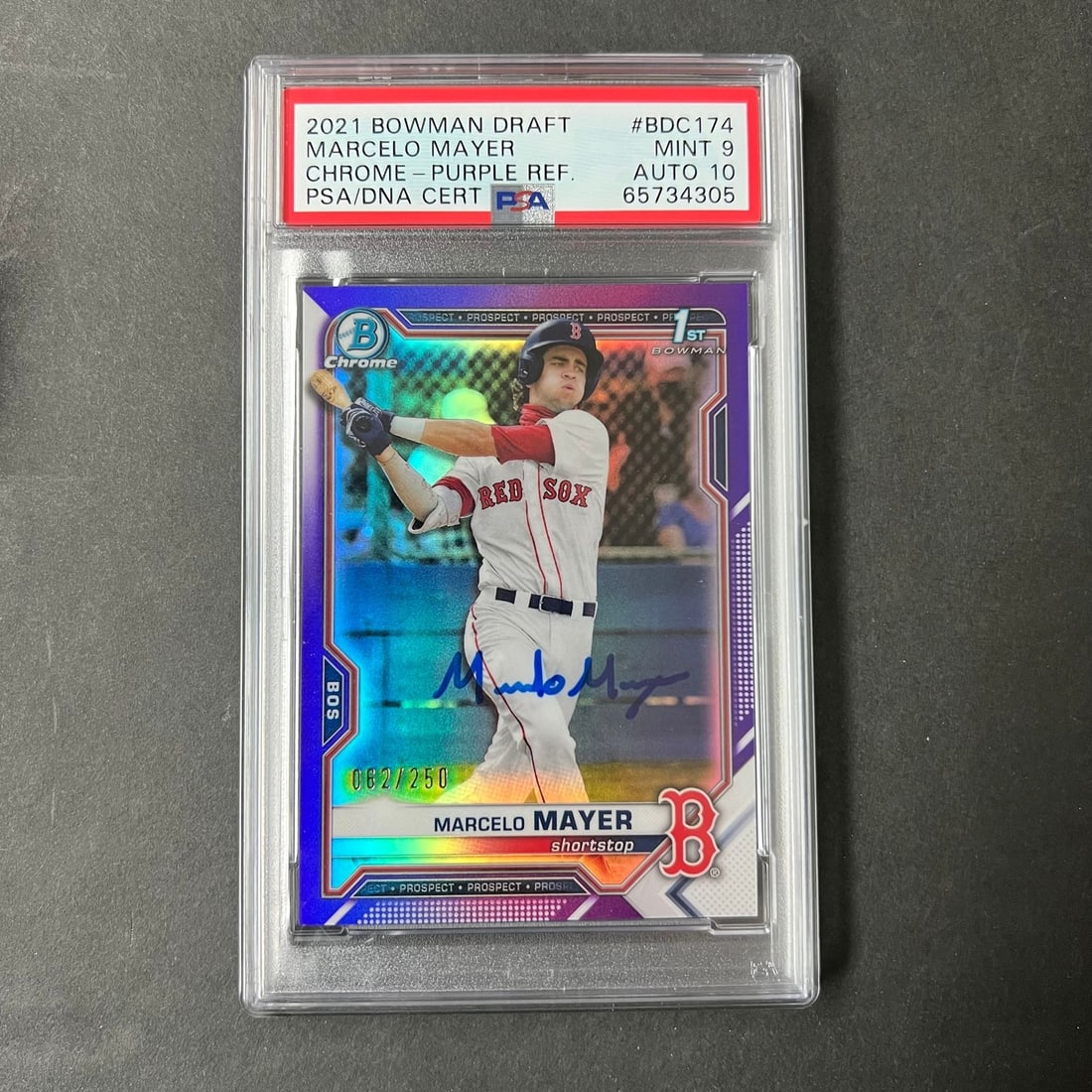 2021 Bowman Chrome Purple Marcelo Mayer Signed Card PSA 9 AUTO 10: 2021 Bowman Chrome Purple Marcelo Mayer Signed Card PSA 9 AUTO 10 This 2021 Bowman Chrome 1st Purple #BDC-174 card features a bold autograph from rising baseball star Marcelo Mayer. Graded a 9 by Prof